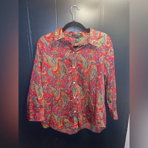Lauren Ralph Lauren Tops - Lauren Ralph Lauren Blouse Shirt Top Red Paisley Button Down Long Sleeve Size XL